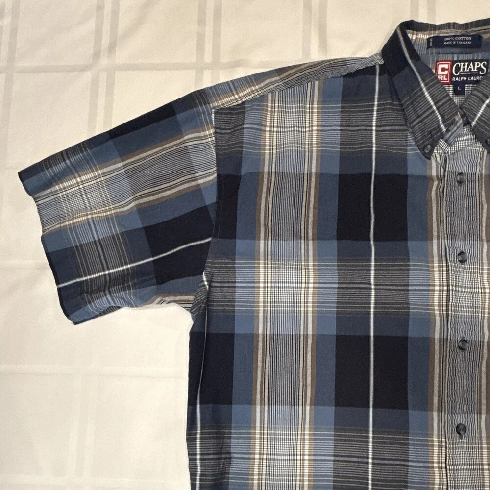 Vintage Chaps Ralph Lauren Plaid Shirt Mens L Short Sleeve Button Down Blue 90s